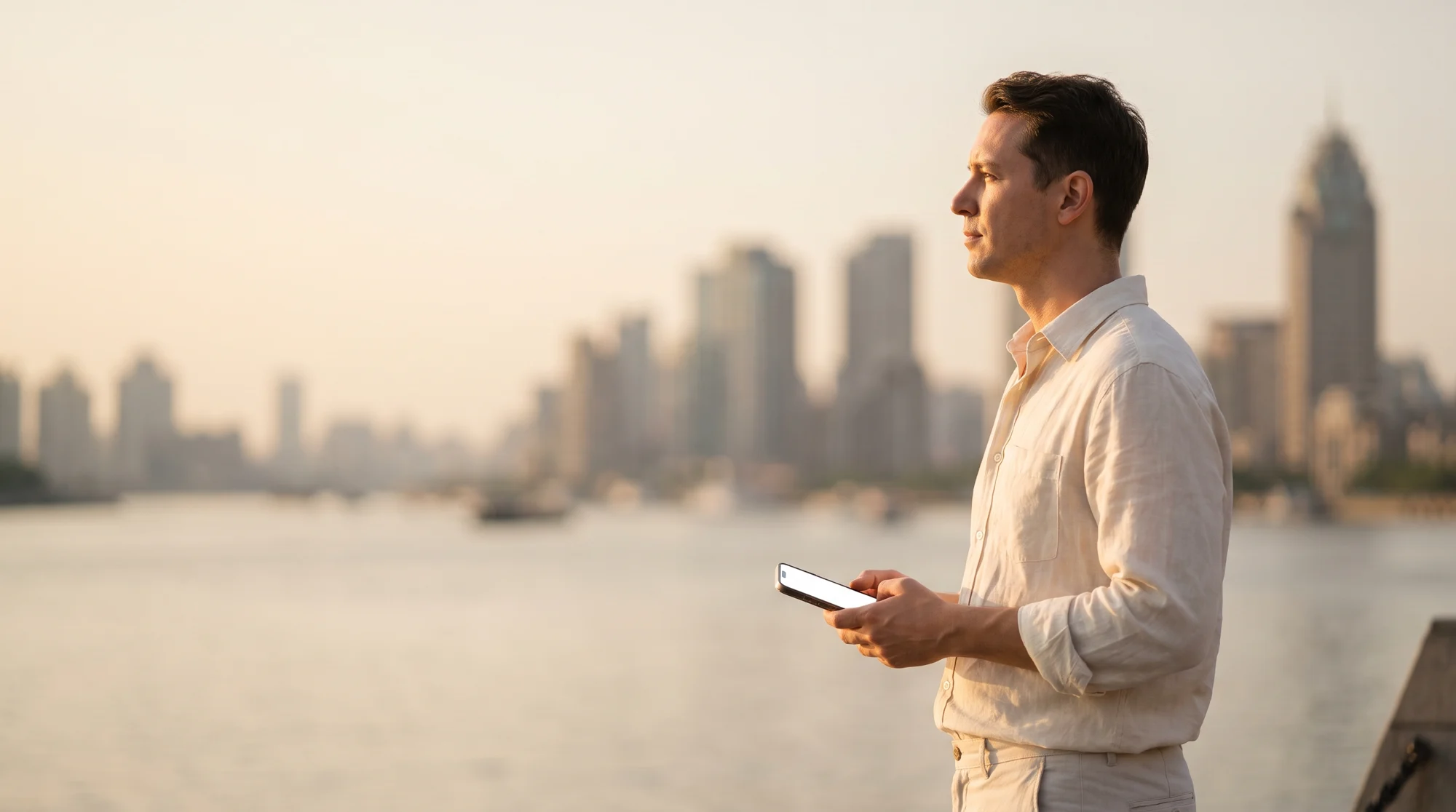 Traveler holding a phone on the Bund waterfront in Shanghai with the Pudong skyline softly blurred behind