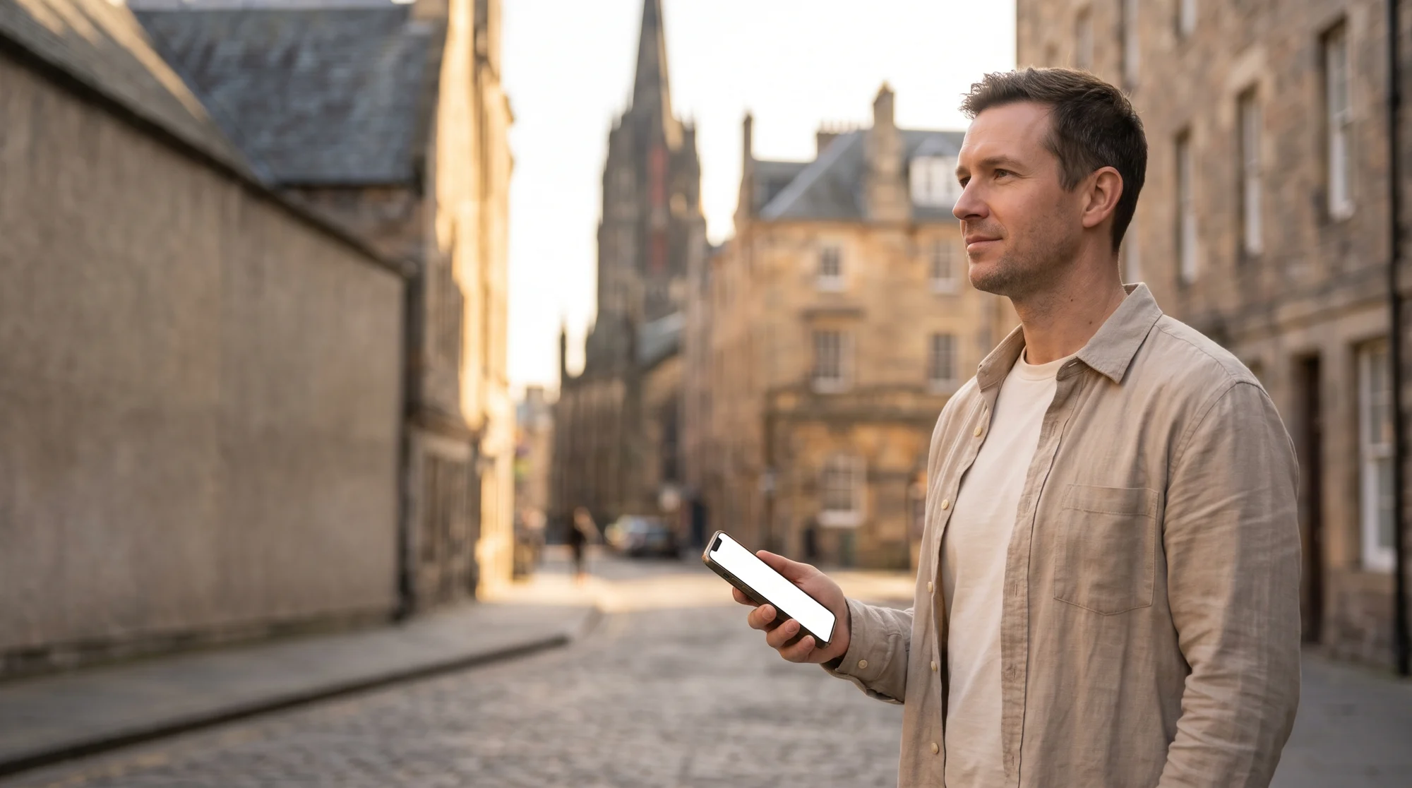 Traveler holding a phone on Edinburgh's Royal Mile in warm late-afternoon light