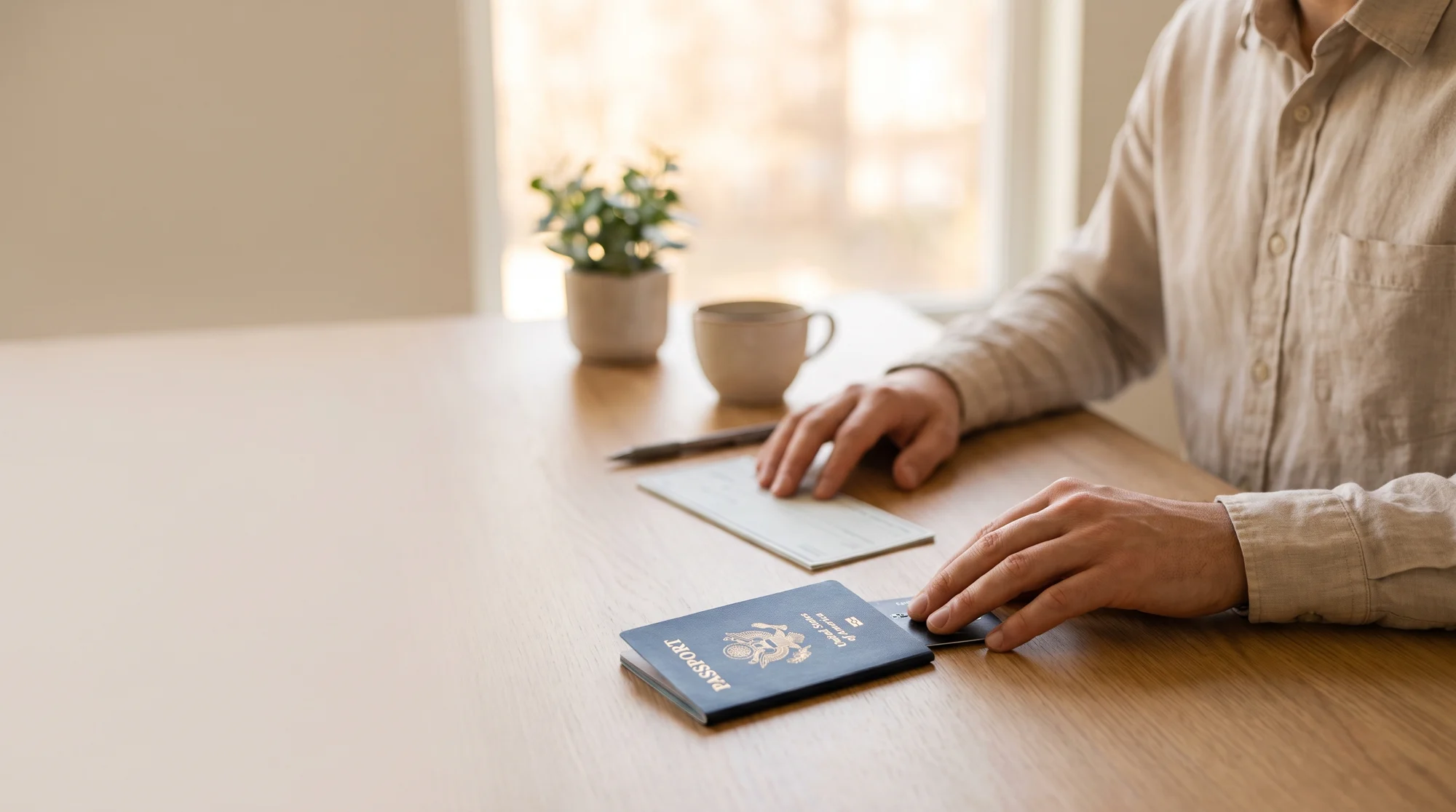 Hands sliding a bank card beside a U.S. passport and blank check on a wooden desk in warm window light