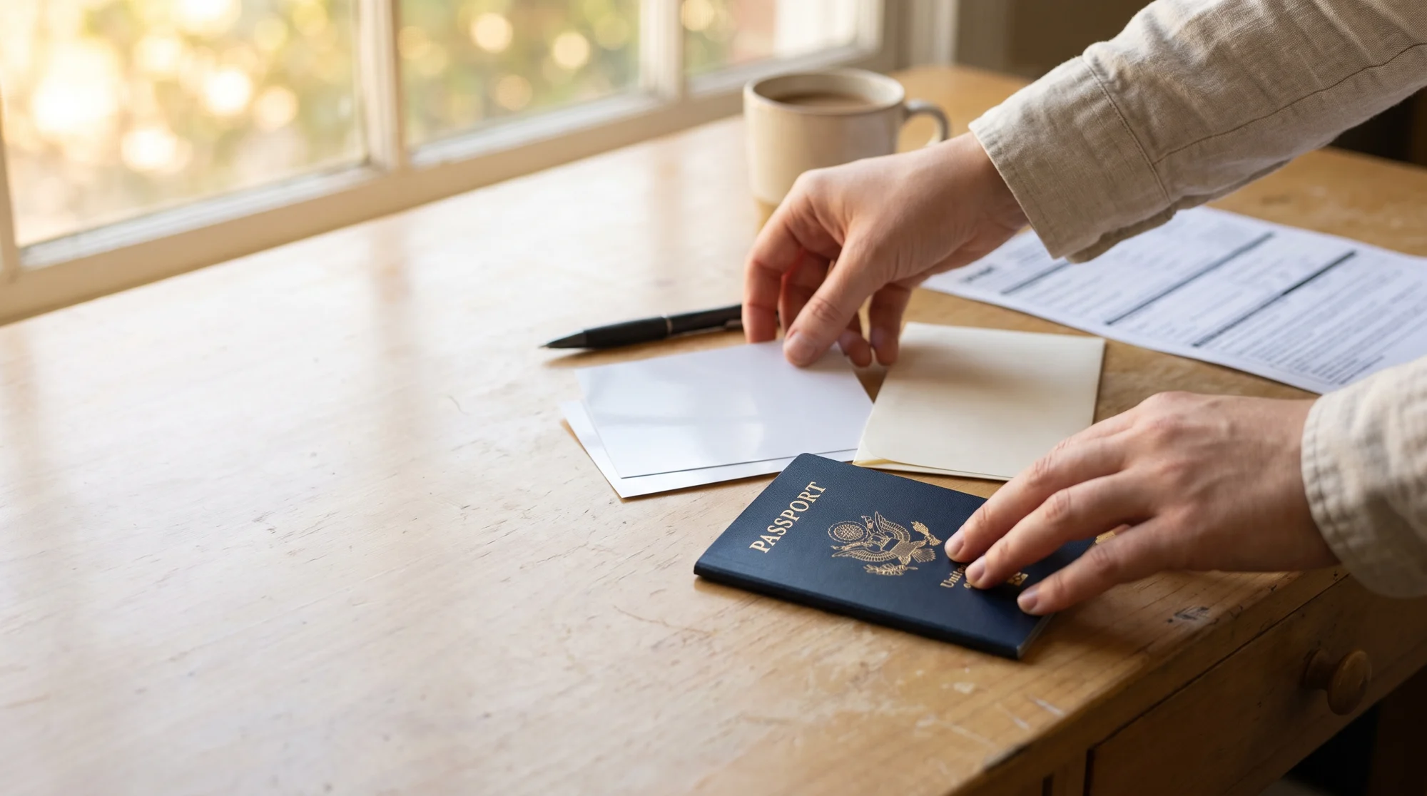 Close view of hands arranging a U.S. passport, photo prints, pen and envelope on a tidy desk by a window