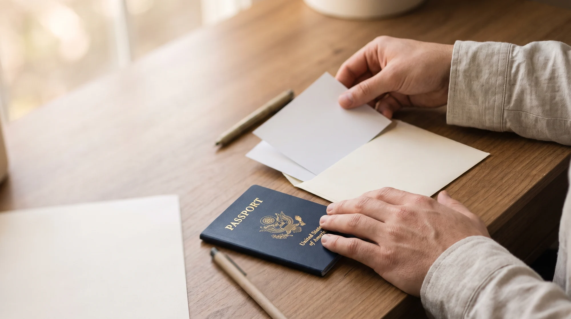 Hands arranging a U.S. passport, photo prints, pen and envelope on a desk in morning light