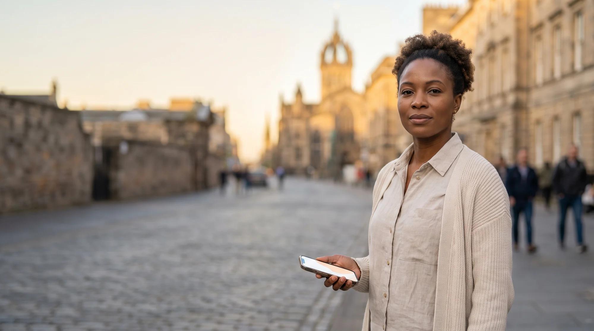 Traveler holding a phone on Edinburgh's Royal Mile in warm afternoon light, St Giles' Cathedral soft behind