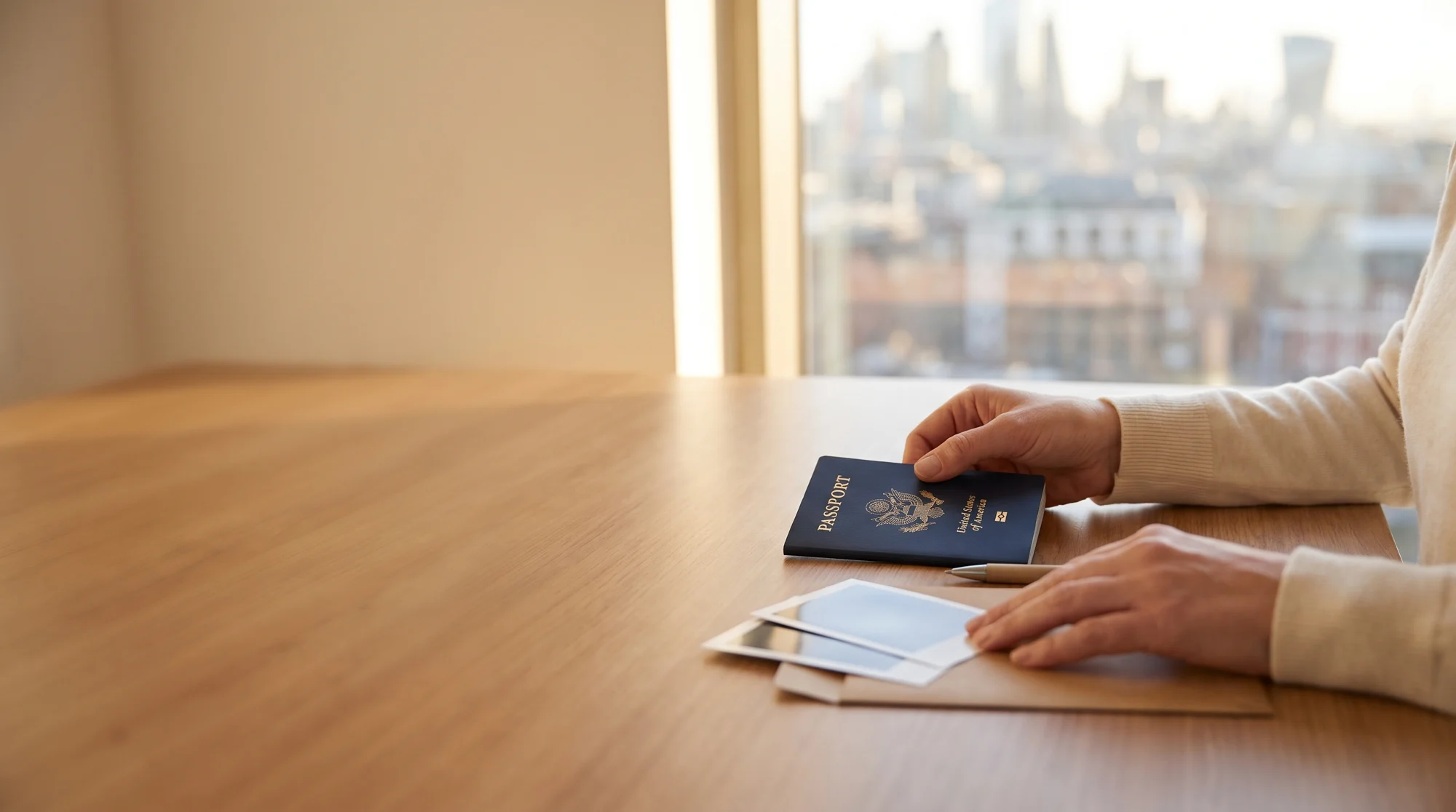Hands arranging a U.S. passport, two photo prints, a pen and an envelope on a desk by a bright window
